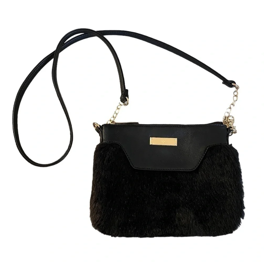 INC International Concepts Black Faux Fur Crossbody Bag